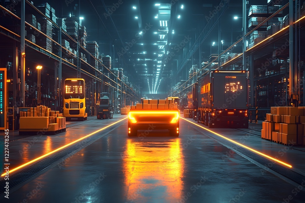 Poster futuristic smart logistics warehouse with autonomous robots sorting and loading self driving trucks