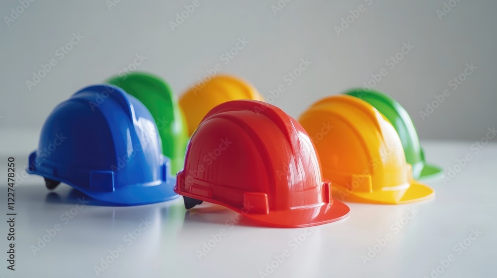 Poster A close-up view of several colorful hard hats on a white surface, representing different aspects of teamwork and precision in construction projects