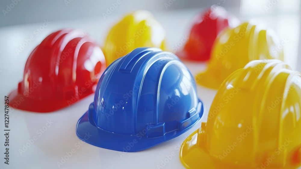 Poster A close-up view of several colorful hard hats on a white surface, representing different aspects of teamwork and precision in construction projects