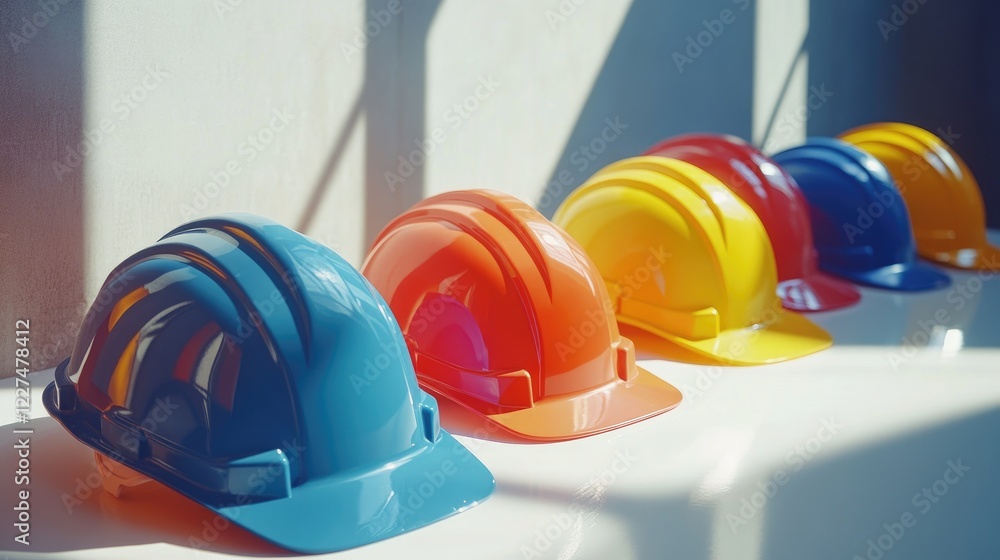 Poster a collection of colorful hard hats placed carefully on a clean white table, each symbolizing safety 