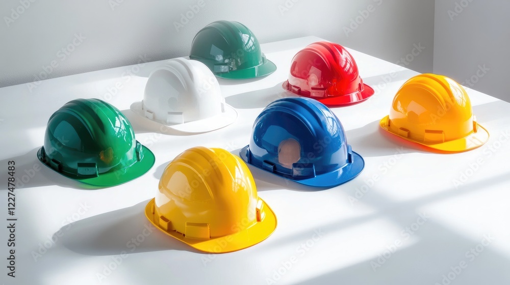 Poster a collection of colorful hard hats placed carefully on a clean white table, each symbolizing safety 