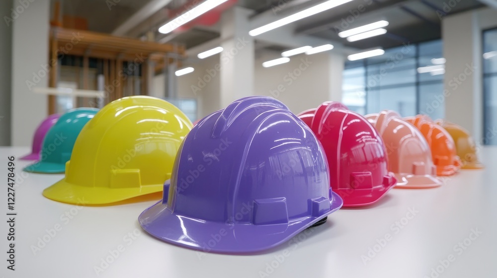 Poster a collection of colorful hard hats placed carefully on a clean white table, each symbolizing safety 