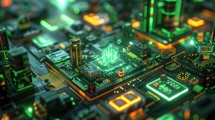 Obraz premium Futuristic cityscape on a circuit board with glowing elements and vibrant technology