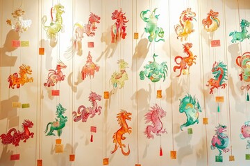 Colorful zodiac animal illustrations displayed on a wall for New Year.