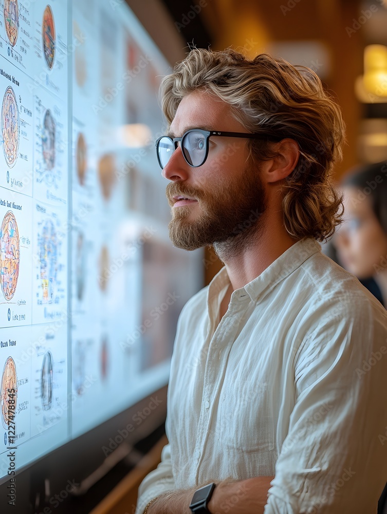 Poster man analyzing data on digital whiteboard in educational classroom setting