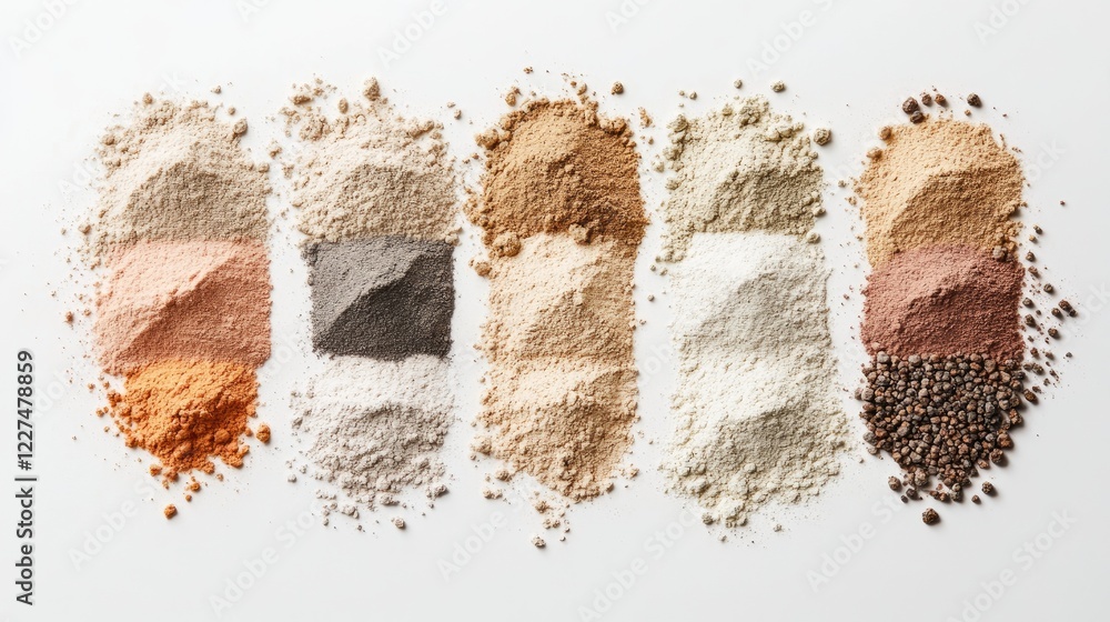 Poster a collection of powders and grains in various natural tones, arranged in a gradient, with soft light