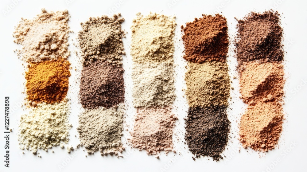 Poster a collection of powders and grains in various natural tones, arranged in a gradient, with soft light