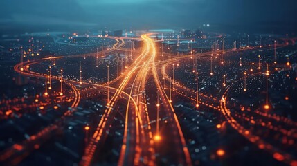 Obraz premium Aerial view of a bustling city at night, showcasing illuminated highways and urban life below