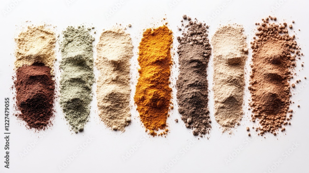 Poster a collection of powders and grains in various natural tones, arranged in a gradient, with soft light