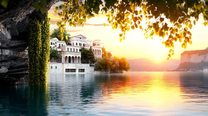 Obraz premium Serene sunset over a luxurious lakeside villa surrounded by lush greenery and mountains