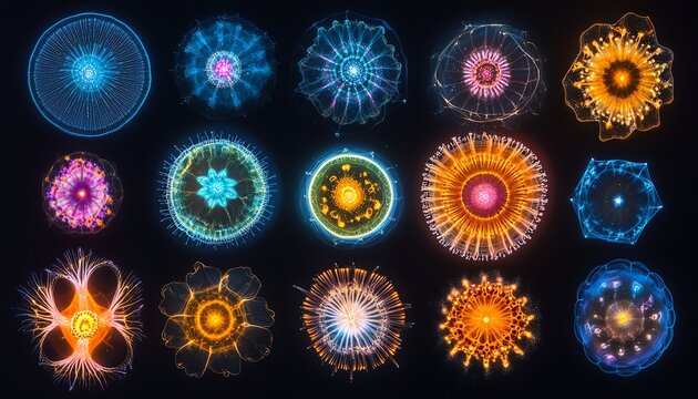 Stunning diatom collection, microscopic phytoplankton with radiant glowing colors, intricate geometric formations, hyperrealistic details, 8K ultra HD