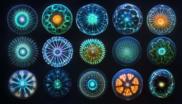 Stunning diatom collection, microscopic phytoplankton with radiant glowing colors, intricate geometric formations, hyperrealistic details, 8K ultra HD