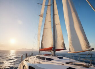 Fototapeta premium Sails are being hoisted on a yacht in preparation for a sea trip , horizon, sailing, sailcloth