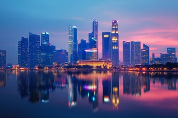 Naklejka premium City skyline with reflection on calm water during sunset