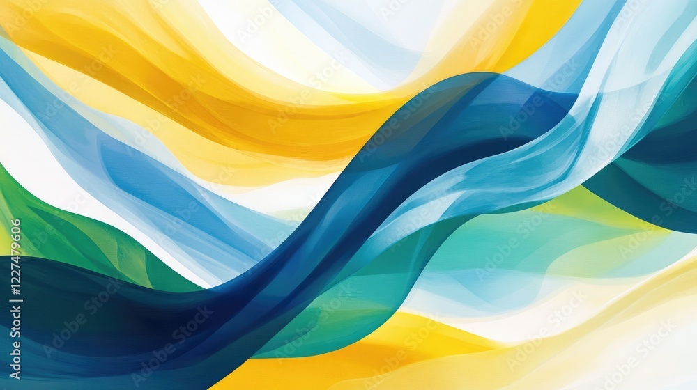 Poster a colorful, fluid abstract design with summer-inspired hues of yellow, blue, and green, creating a d