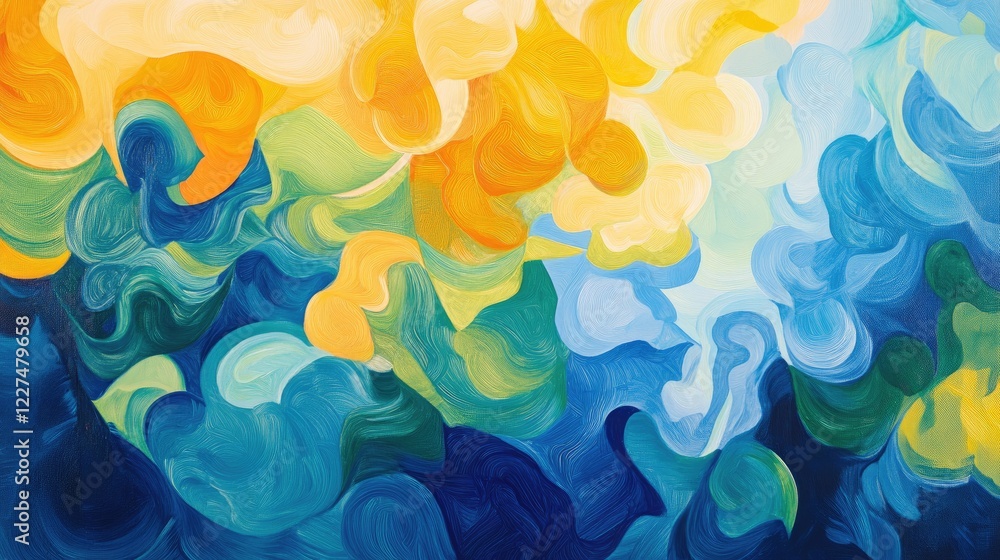 Aufkleber a colorful, fluid abstract design with summer-inspired hues of yellow, blue, and green, creating a d