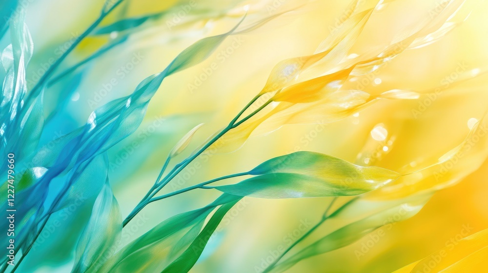 Poster a colorful, fluid abstract design with summer-inspired hues of yellow, blue, and green, creating a d