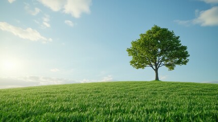 Serene Green Hilltop with Single Deciduous Tree under Sunny Sky Peaceful Nature Scene