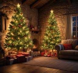 Rustic stone cottage with a glowing Christmas tree in the living room, wood fire, rustic charm, stone fireplace