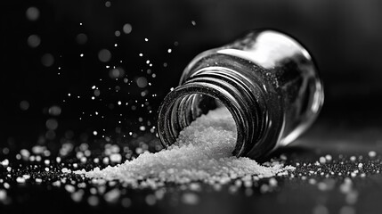 Close-up of salt crystals spilling from glass shaker on dark background with bokeh effect