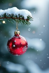 Red and silver ornaments hanging from a snowy pine branch's twig, silver, snow, twigs