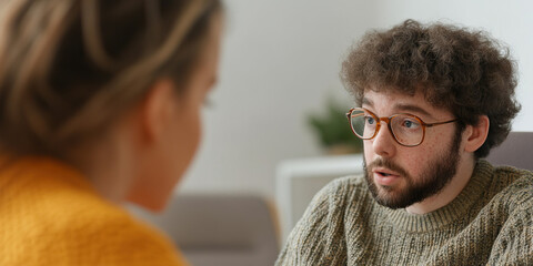 Fototapeta premium Young Man with Curly Hair and Glasses Speaking to Woman