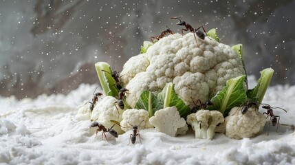 cauliflower surrounded by a group of ants