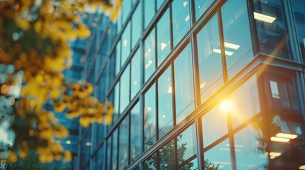 Fototapeta premium Modern office building reflecting sunlight with trees in foreground and urban backdrop