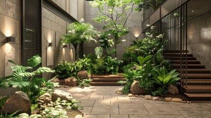 Naklejka premium Lush Indoor Garden with Modern Staircase Surrounded by Natural Light and Greenery