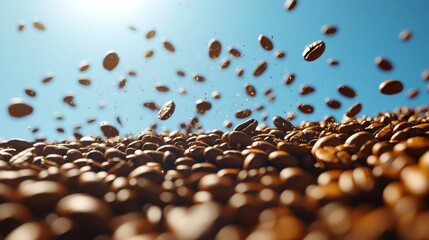 A dynamic low-angle shot capturing coffee beans mid-fall against a clear blue sky with sunlit accents creates a sense of movement and fresh energy