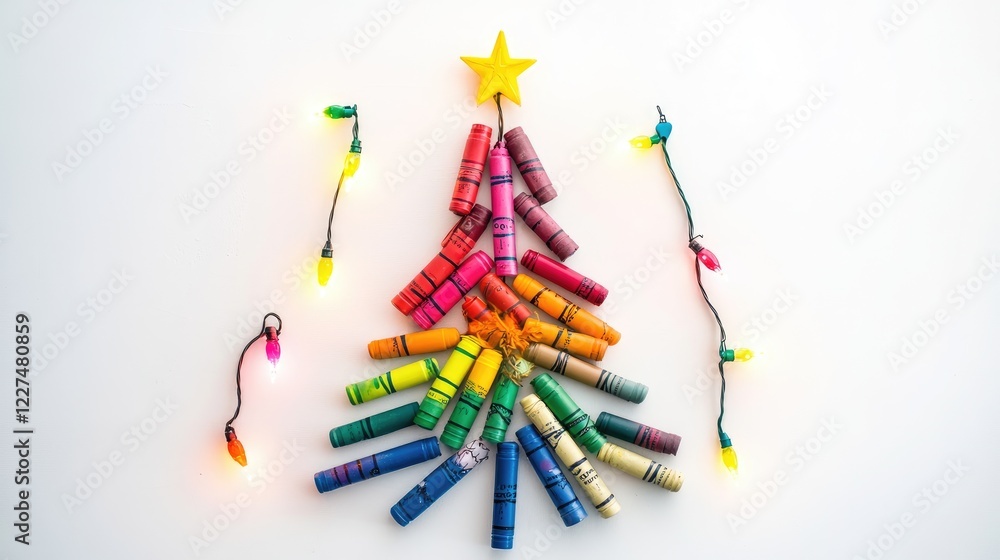 Poster a creative holiday setup with colorful crayons arranged to form a christmas tree, adorned with festi