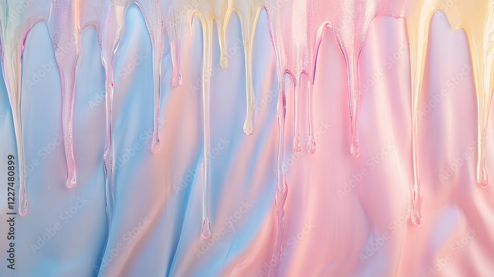 Poster Abstract colorful drips of paint blending on a smooth surface, creating a vibrant artistic backdrop