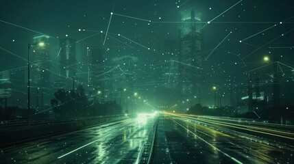 Futuristic cityscape at night with illuminated roads and digital connections in the background