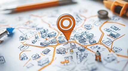 Fototapeta premium A creative map sketch with paths, buildings, and a bold search icon drawn on a plain white sheet, symbolizing exploration, navigation, and discovery