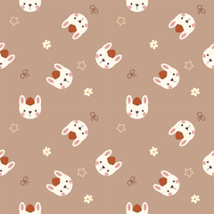 Face rabbit and strawberry cartoon so cute. On flower star bow brown background. Pattern seamless vector illustration. 