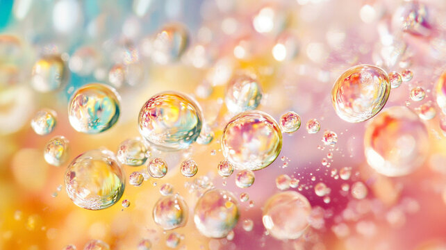 Colorful soap bubbles floating in soft pastel background, creating a dreamy and whimsical atmosphere