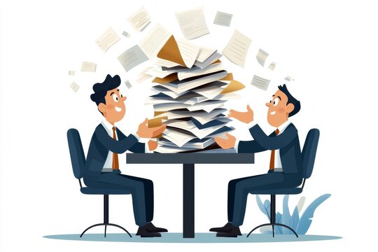 A 2D flat illustration of a person seated across from a boss, holding a stack of documents and gesturing persuasively, set against a clean white background