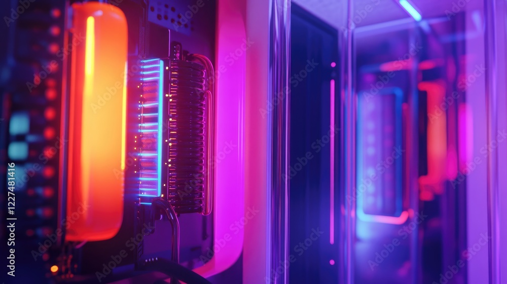 Poster A custom-built PC with an RGB-lit cooling system, showcasing bold and vibrant colors, adding flair and advanced performance to the gaming or tech environment