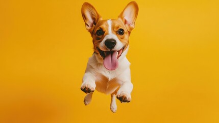 A cute dog mid-jump with its tongue hanging out, set against a cheerful yellow background, radiating happiness and fun in an energetic pose