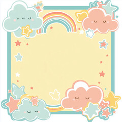 Fototapeta premium Playful kids frame, cartoon clouds, stars, and rainbows, pastel colors (yellow, mint, coral), thick outlined border