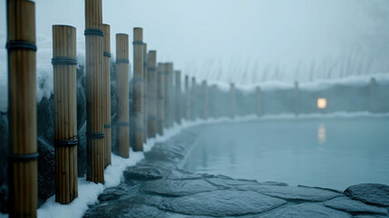 Serene Japanese Onsen Oasis Surrounded by Misty Winter Landscape and Bamboo Fencing