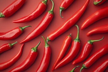 Fresh red chili peppers arranged neatly on a red background