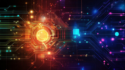 Fototapeta premium Abstract digital technology background with vibrant colors and circuitry patterns, ideal for tech themes