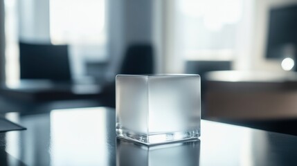 A translucent ice cube resting on a reflective surface in a modern workspace.