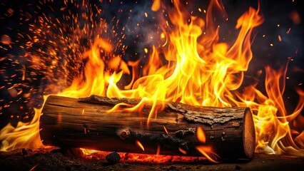 Flames engulfing a wooden log in a darkened room with a fiery spark background, ember, burning wood,  ember, burning wood