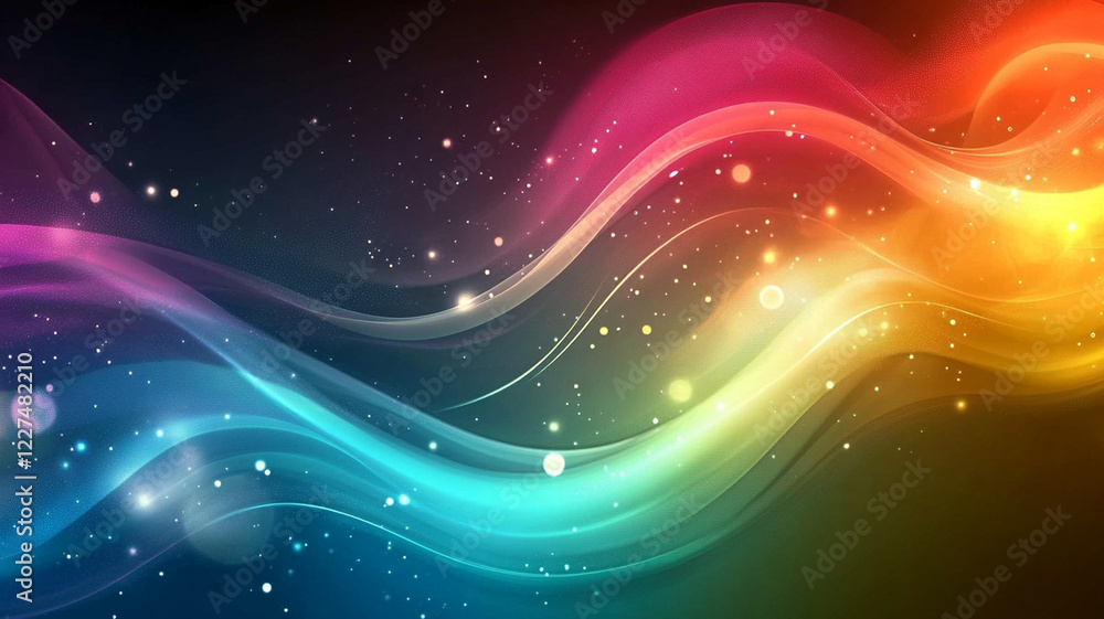 Poster colorful abstract waves with glowing lights on a dark background, creating a vibrant and dynamic atm