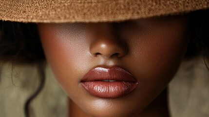 A woman with a red lip and a brown hat