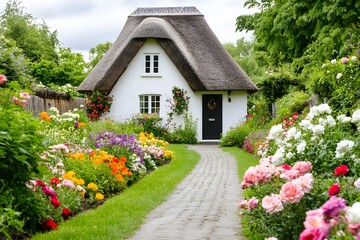 A thatched cottage surrounded by colorful flowers, with the path leading to it lined with blooming roses and daisies