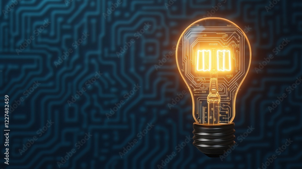 Poster a glowing light bulb with intricate circuit patterns symbolizes innovation and modern technology.