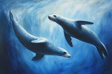 Sea lions swim together in a synchronized motion, their powerful flippers propelling them through the vast ocean.